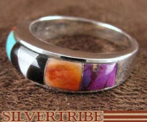 Turquoise Multicolor Inlay Sterling Silver Ring Size 5-3/4 DS38257